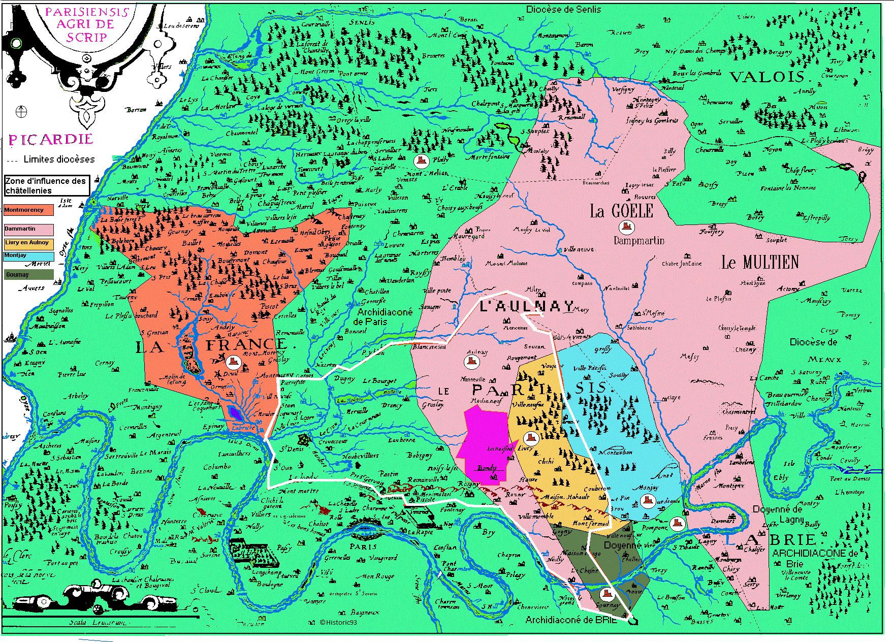 Carte ancienne avec zone d'influence des châtellenies du Nord-Est parisien